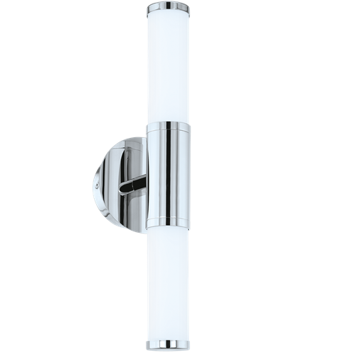 Palmera 1 LED væglampe i metal Krom med glasskærm i Opal Hvid, 2x4,5W LED, bredde 12,5 cm, dybde 12,5 cm, højde 43,5 cm.